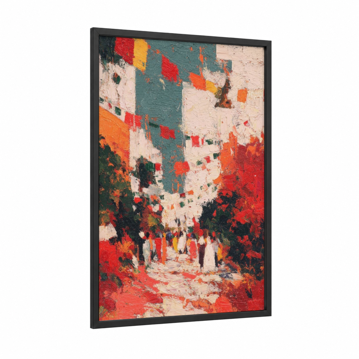 Festive Street Celebration framed cinco de mayo print — black wood frame — red and orange palette