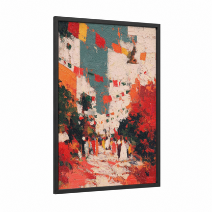 Festive Street Celebration framed cinco de mayo print — black wood frame — red and orange palette
