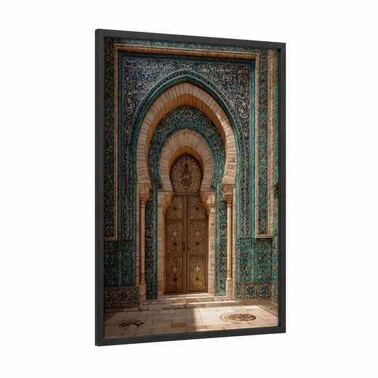 Ornate Islamic Door framed art print — black wood frame — teal and gold palette