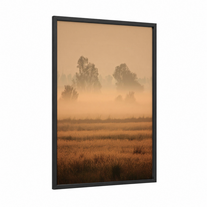 Golden Mist Morning framed art print — black wood frame — gold and cream palette