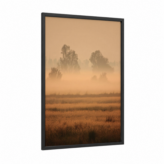 Golden Mist Morning framed art print — black wood frame — gold and cream palette
