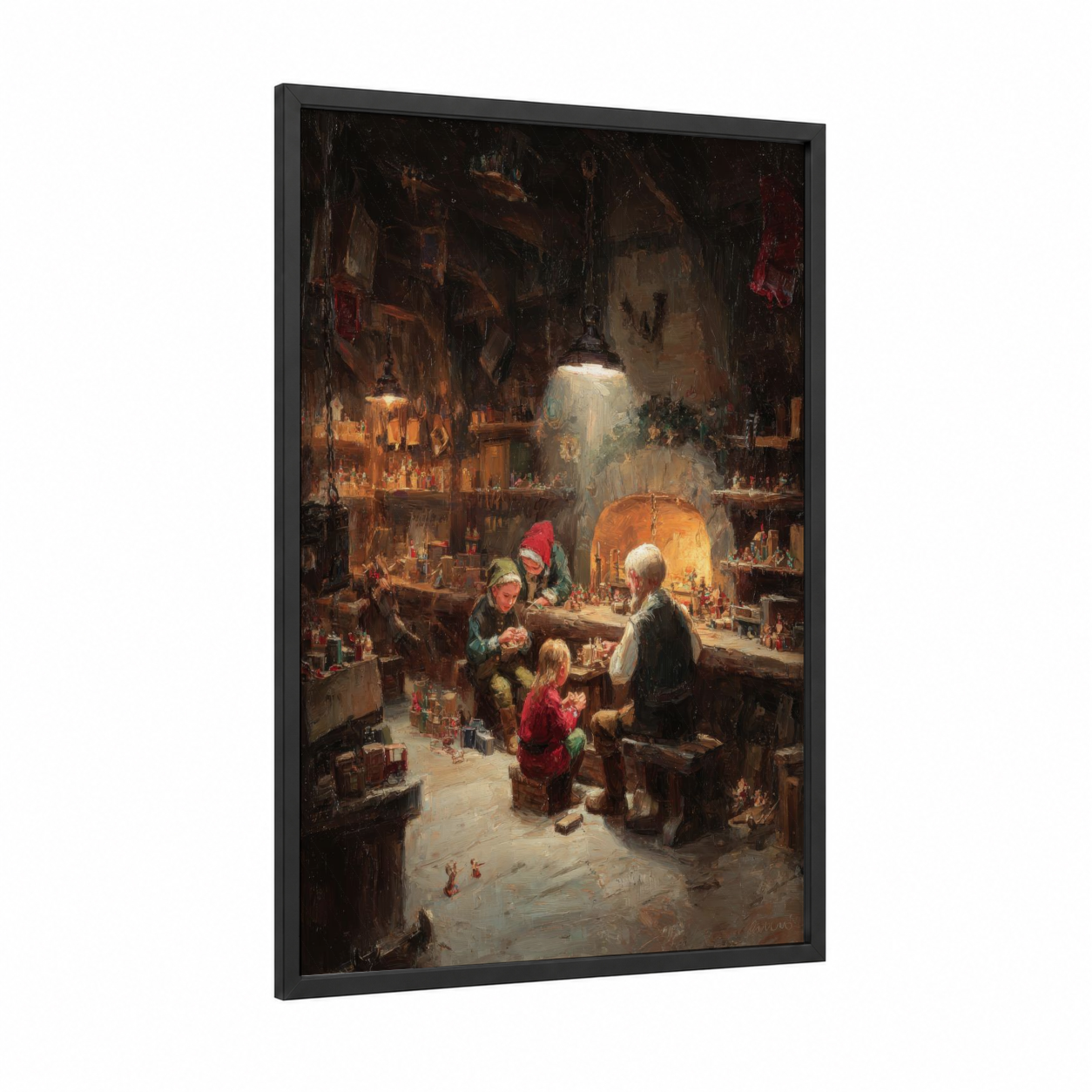 Christmas Toy Workshop framed art print — black wood frame — gold and russet palette