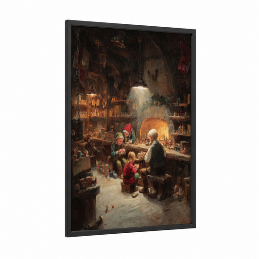 Christmas Toy Workshop framed art print — black wood frame — gold and russet palette