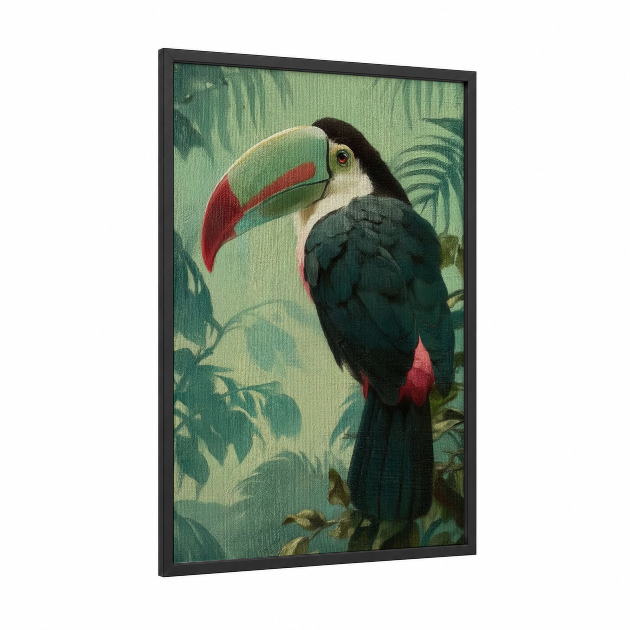 Toucan framed art print — black wood frame — sage green and black and red palette