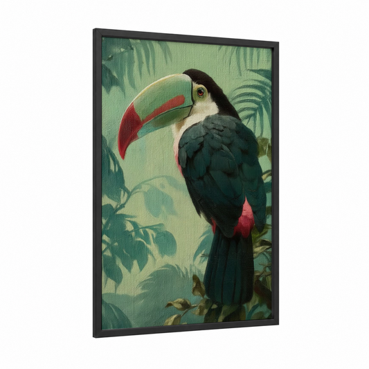Toucan framed art print — black wood frame — sage green and black and red palette