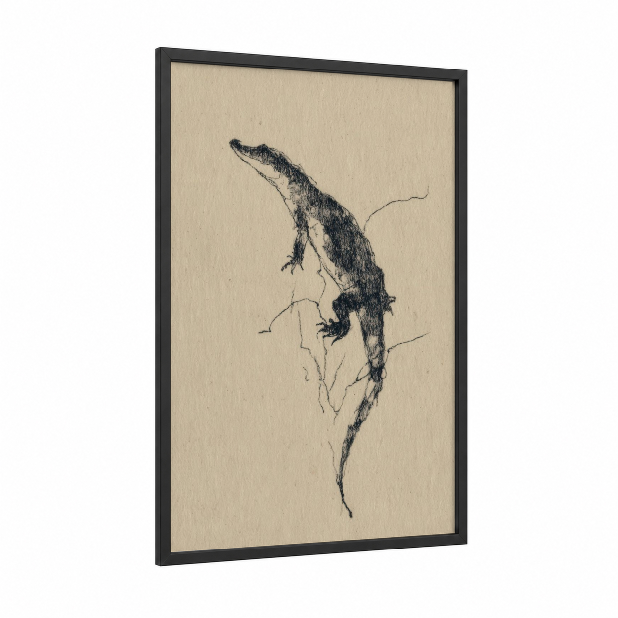 Climbing Alligator framed art print — black wood frame — black and white and beige palette