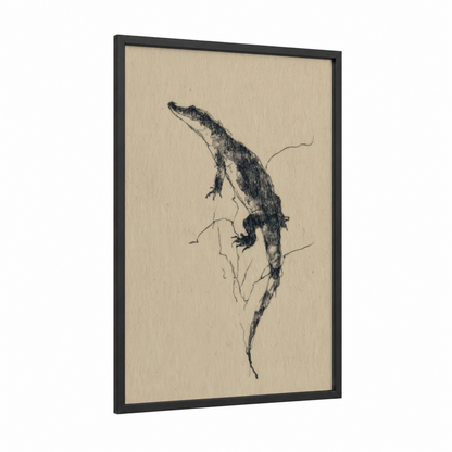 Climbing Alligator framed art print — black wood frame — black and white and beige palette