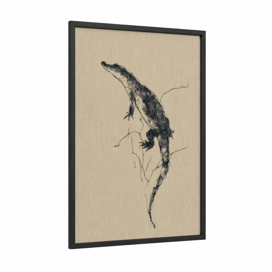 Climbing Alligator framed art print — black wood frame — black and white and beige palette
