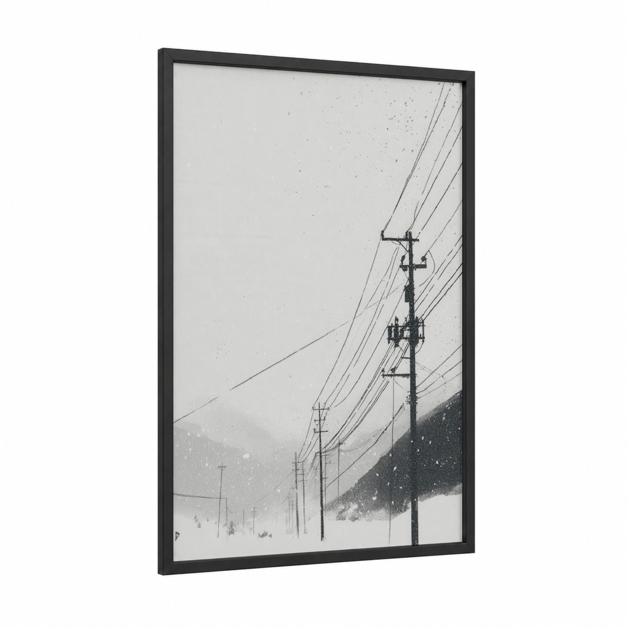 Snowy Power Lines framed art print — black wood frame — black and white and gray palette