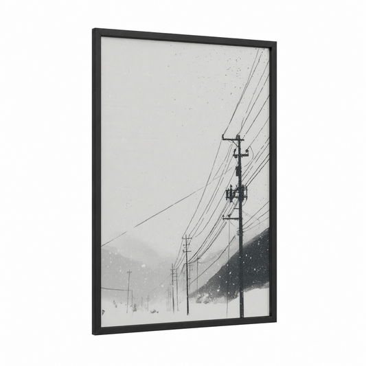 Snowy Power Lines framed art print — black wood frame — black and white and gray palette