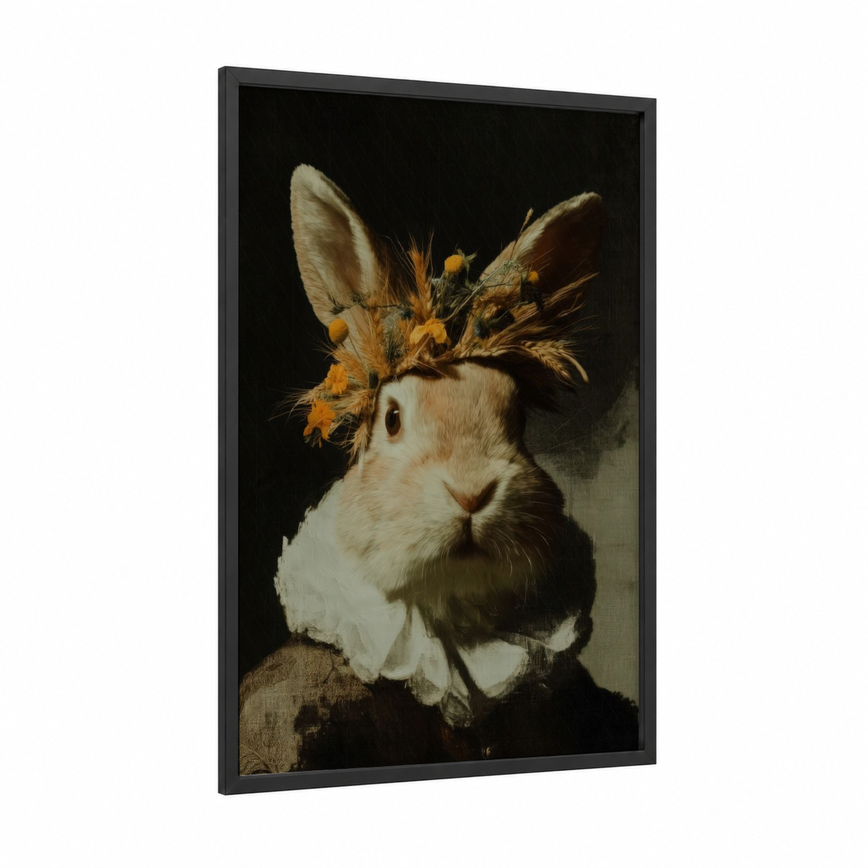 Crowned Rabbit Portrait framed art print — black wood frame — cream and gold palette