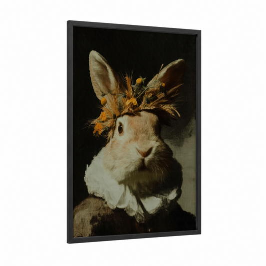 Crowned Rabbit Portrait framed art print — black wood frame — cream and gold palette