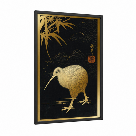 Golden Kiwi framed art print — black wood frame — gold and black and white palette