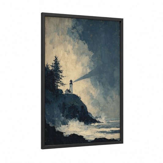 Coastal Lighthouse Beacon framed night sky print — black wood frame — dark blue and cream palette
