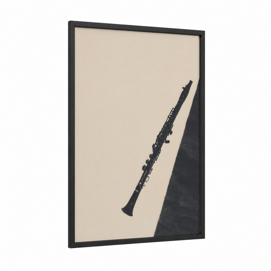 Minimalist Clarinet framed art print — black wood frame — black and white and beige palette