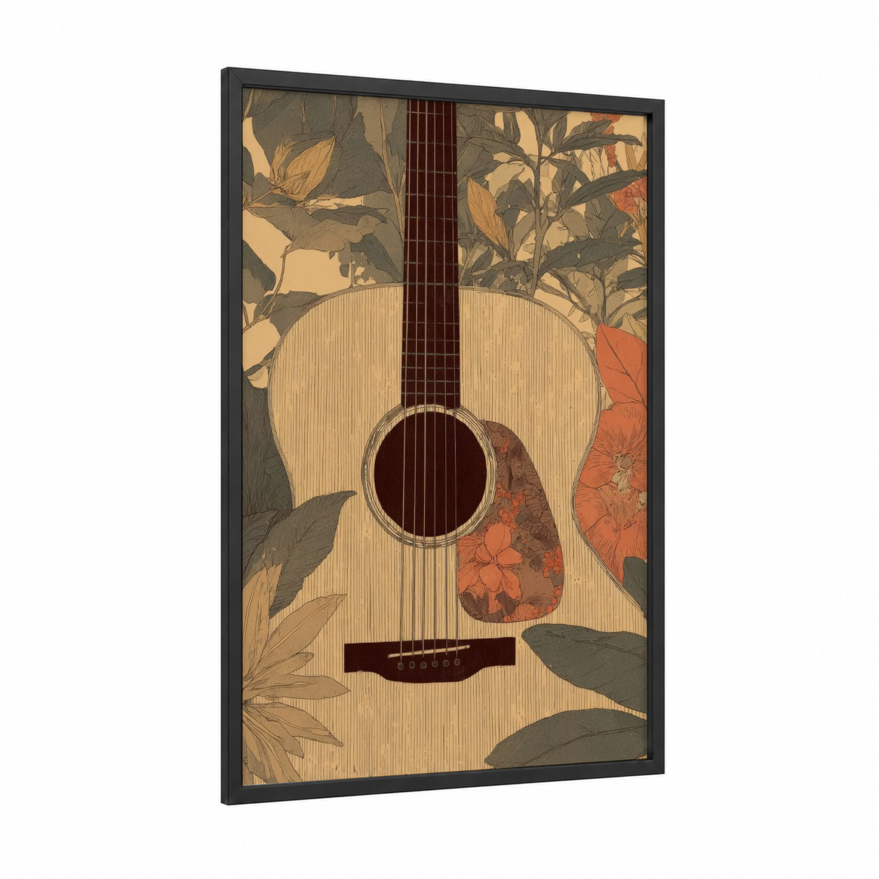 Botanical Guitar framed acoustic guitar print — black wood frame — gold and russet palette
