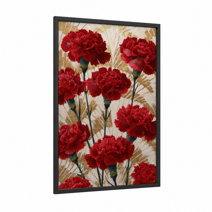Crimson Carnation Cluster framed carnations print — black wood frame — red and gold palette
