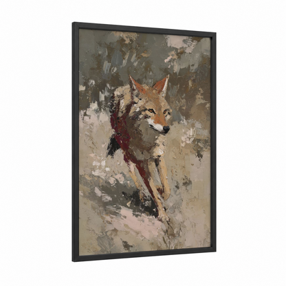 Crimson Coyote framed art print — black wood frame — brown and gray palette