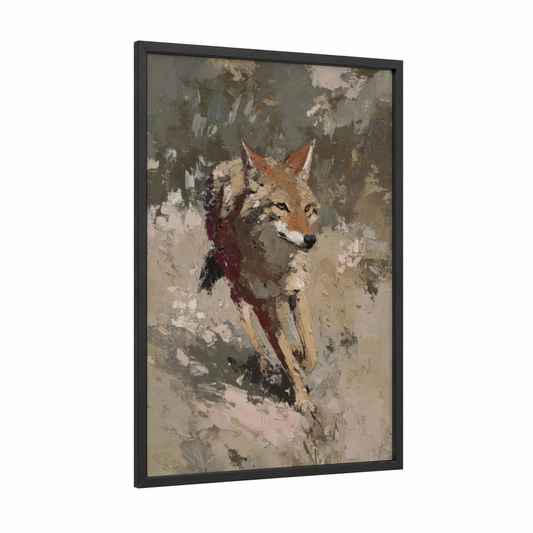 Crimson Coyote framed art print — black wood frame — brown and gray palette