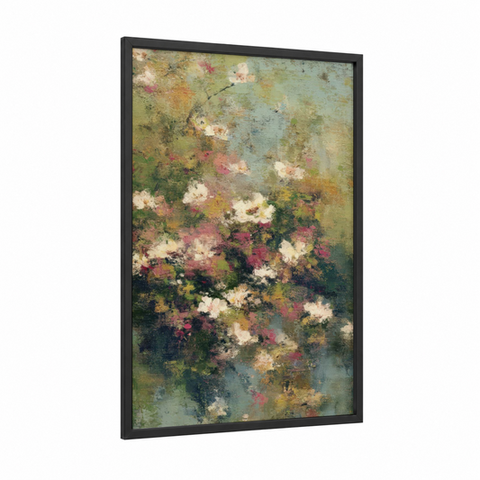 Vintage Magnolia Garden framed art print — black wood frame — sage green and cream palette