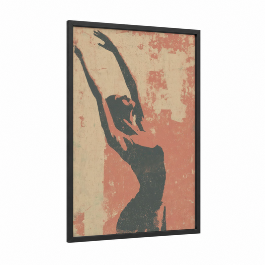 Graceful Stretch framed fitness yoga print — black wood frame — salmon pink and black palette
