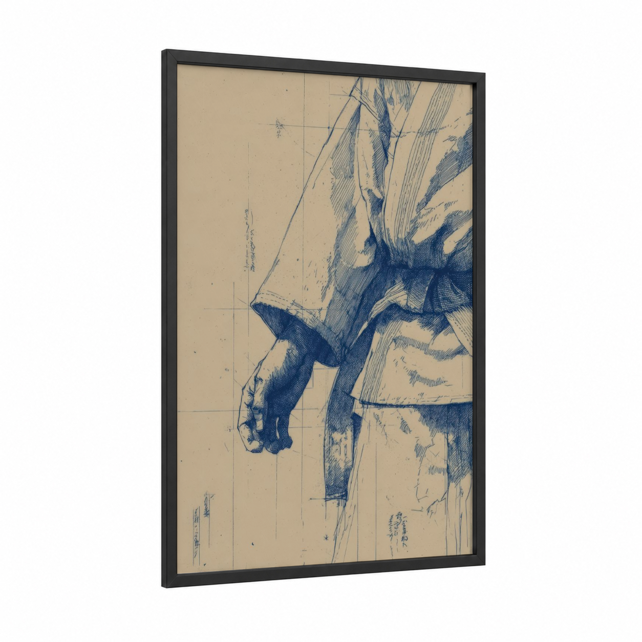 Aikido Throw framed art print — black wood frame — dark blue and cream palette