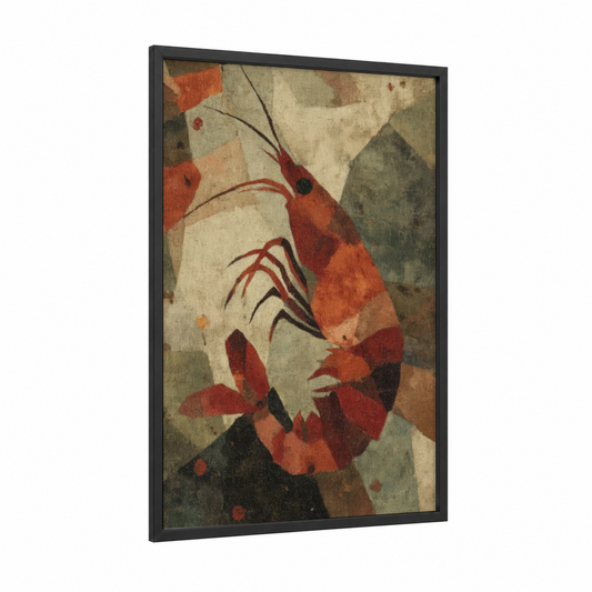 Rustic Shrimp framed art print — black wood frame — russet and olive palette