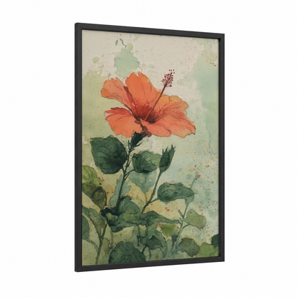 Coral Hibiscus Bloom framed art print — black wood frame — orange and green palette
