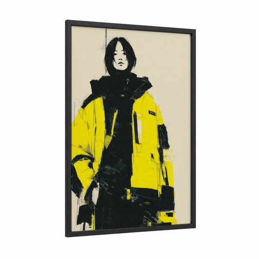 Yellow Street Jacket framed fashion illustration print — black wood frame — yellow and black and white palette