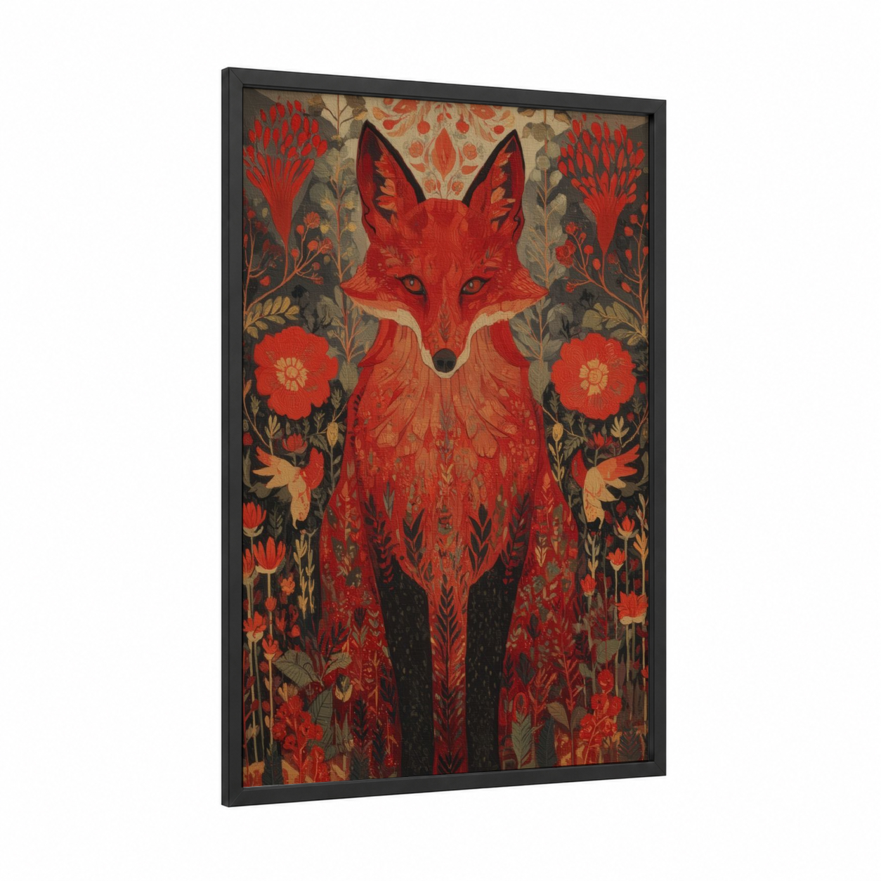 Crimson Fox Garden framed art print — black wood frame — red and gold palette