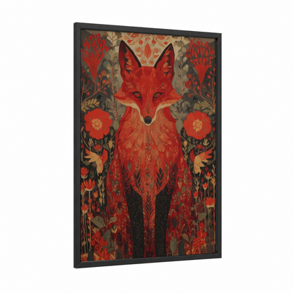 Crimson Fox Garden framed art print — black wood frame — red and gold palette