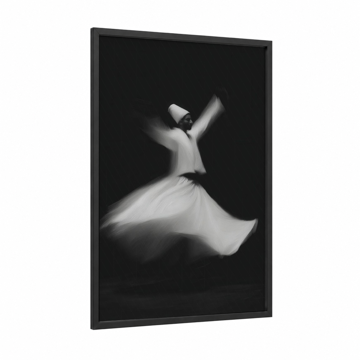 Whirling Dervish framed islam print — black wood frame — black and white and gray palette