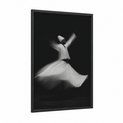 Whirling Dervish framed islam print — black wood frame — black and white and gray palette