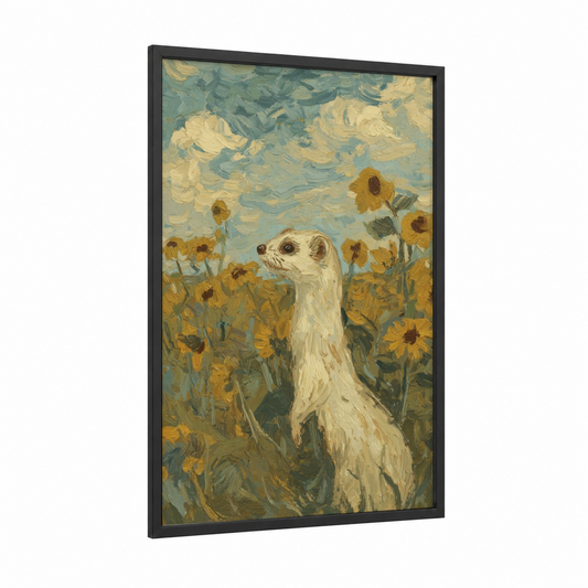 Sunflower Weasel framed art print — black wood frame — gold and blue palette