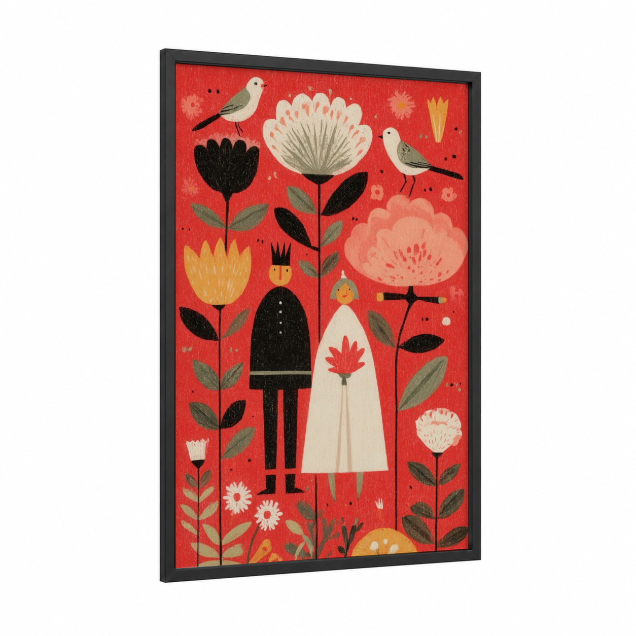 Floral Wedding Couple framed groom and bride print — black wood frame — red and cream palette