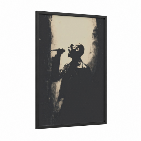 Silhouette Rockstar framed rock'n roll print — black wood frame — black and white and gray palette