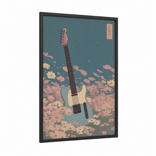 Blossom Guitar framed electric guitar print — black wood frame — blue and salmon pink palette