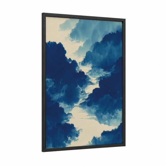Ethereal Nebula framed art print — black wood frame — dark blue and cream palette
