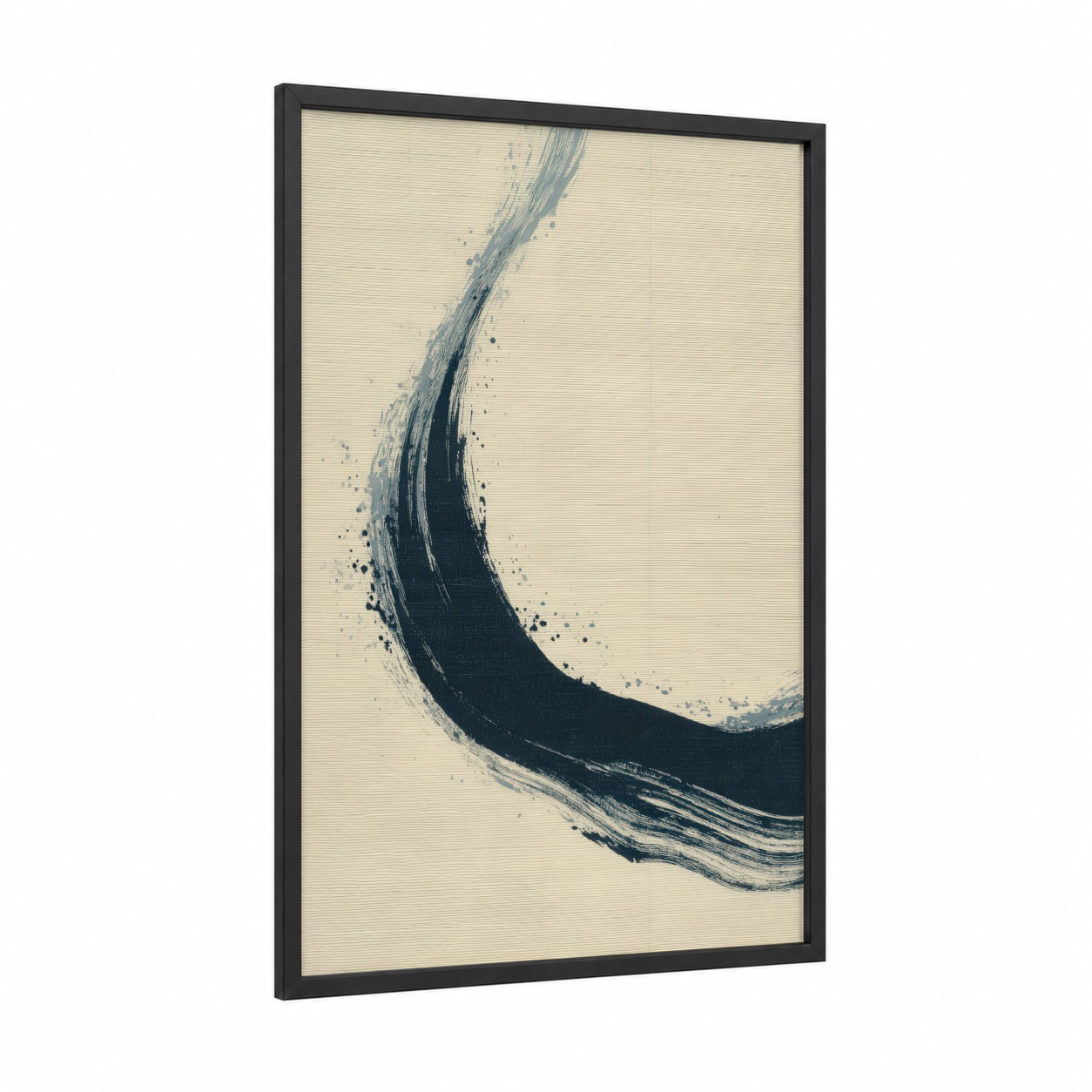 Cosmic Sweep framed astroids and comets print — black wood frame — dark blue and cream palette