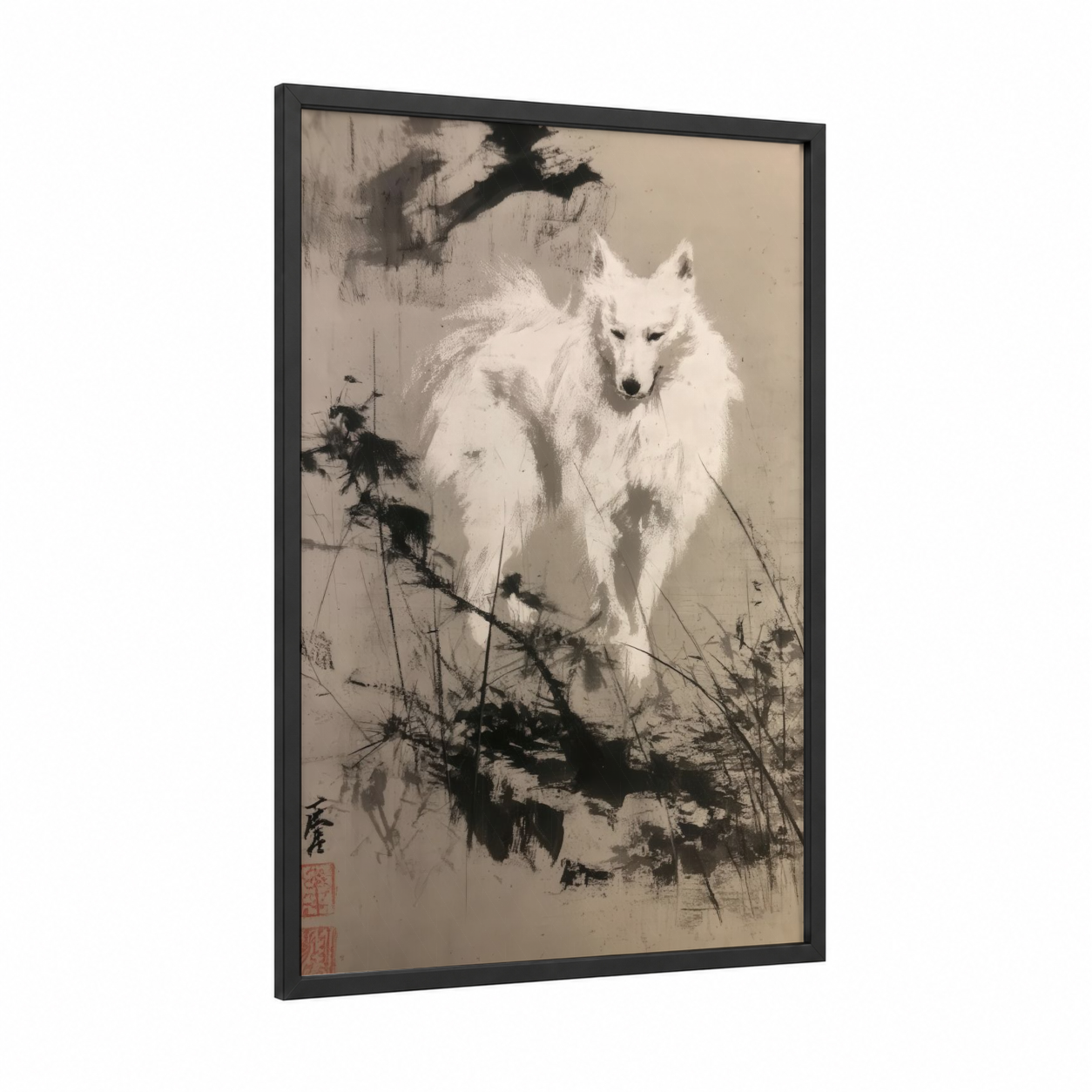 Arctic Spitz framed art print — black wood frame — gray and white and black and white palette