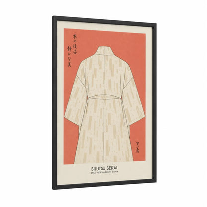 Japanese Kimono Fashion Illustration Wall Art framed art print — black wood frame — peach and cream palette