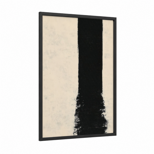 Vertical Erosion framed abstract minimalist print — black wood frame — black and white and cream palette