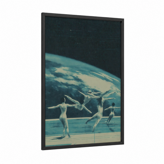 Cosmic Synchrony framed synchronized swimming print — black wood frame — blue and white and dark blue palette