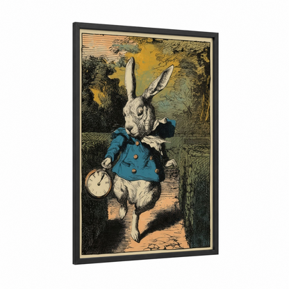 White Rabbit Time framed art print — black wood frame — gold and blue palette