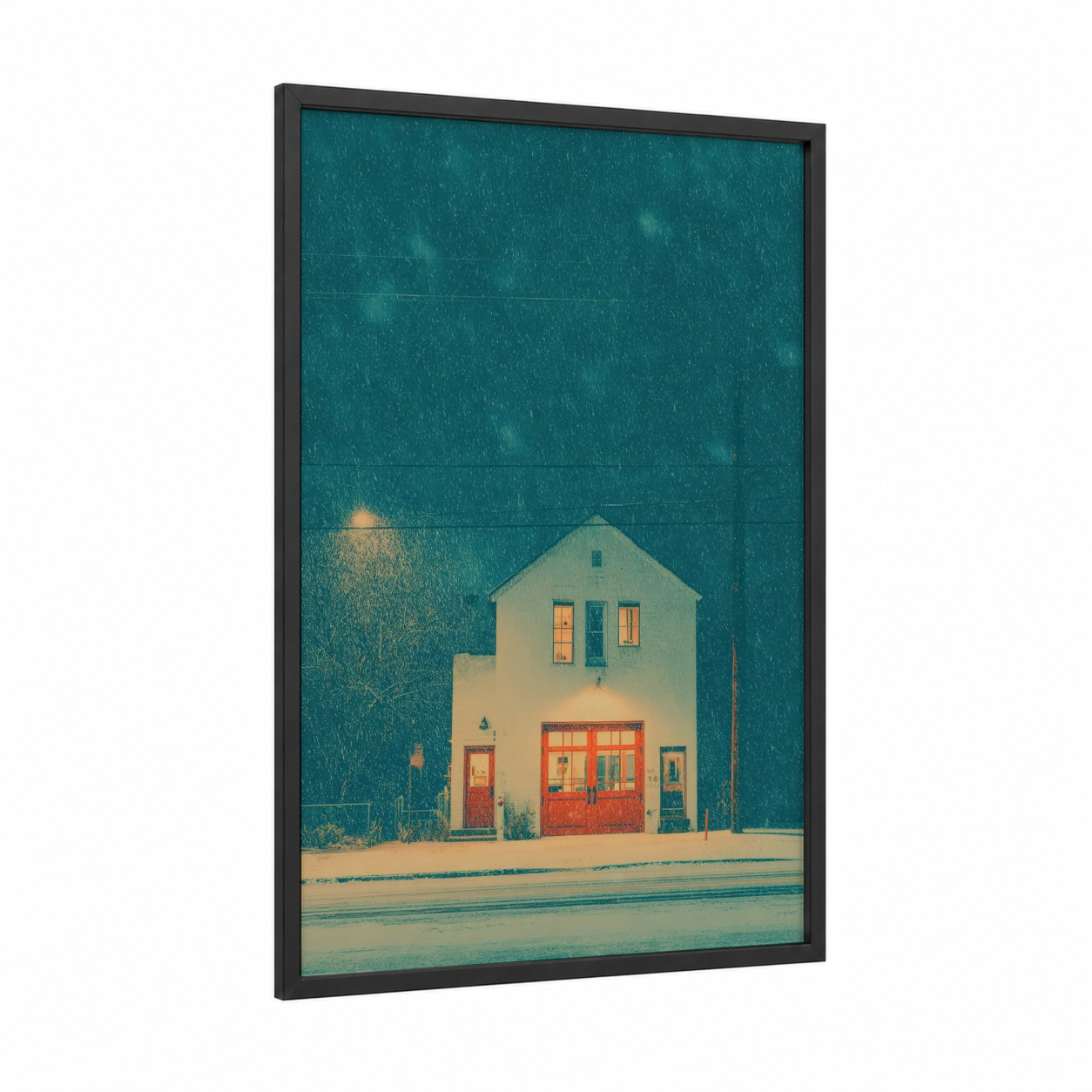 Vintage Fire Station framed art print — black wood frame — teal and peach palette
