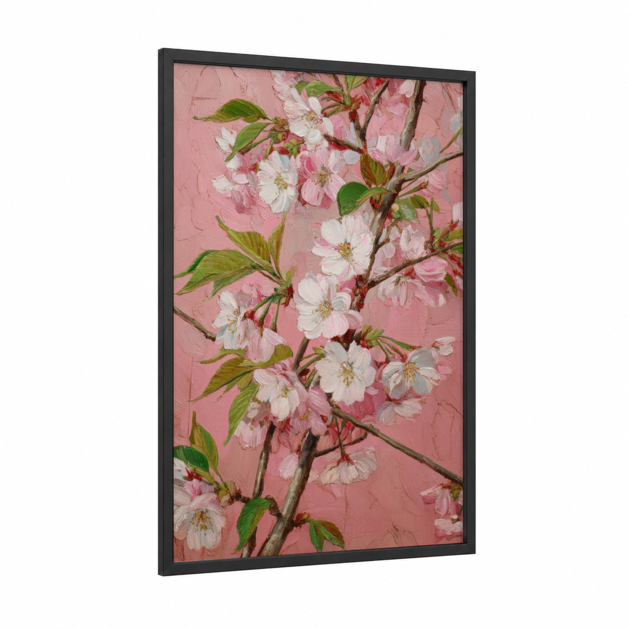 Pink Cherry Blossoms framed art print — black wood frame — pink and white palette