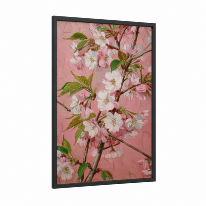 Pink Cherry Blossoms framed art print — black wood frame — pink and white palette