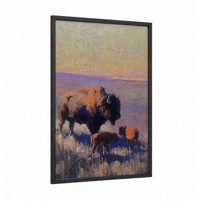 Golden Hour Bison framed art print — black wood frame — gold and purple palette