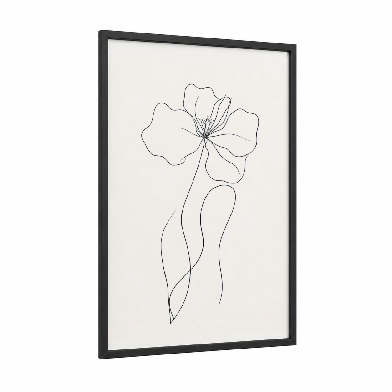 Minimalist Hibiscus framed art print — black wood frame — black and white palette