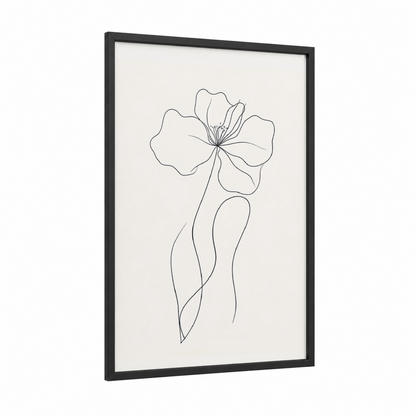 Minimalist Hibiscus framed art print — black wood frame — black and white palette